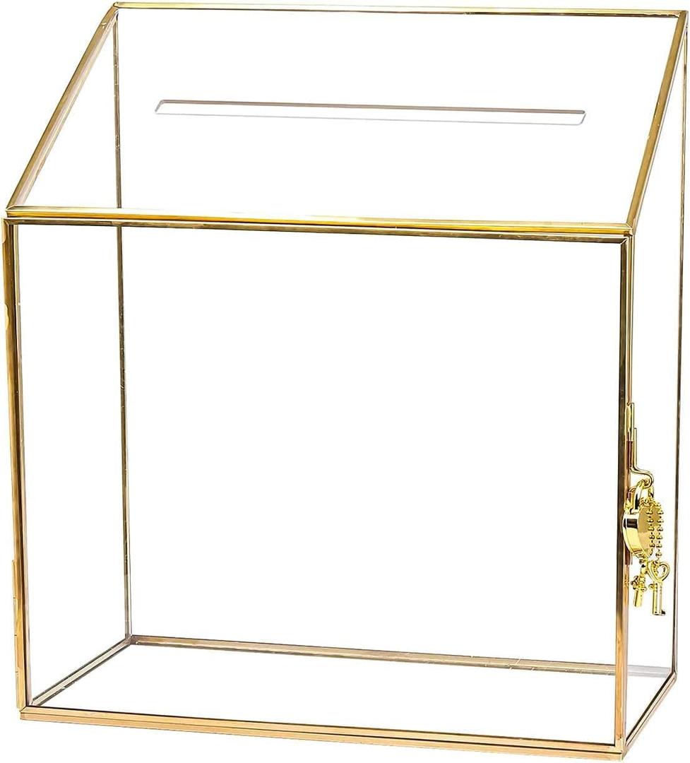 HighFree Large Wedding Card Box with Glass Sides & Acrylic Slot Lid, Handmade Brass Gold Geometric Card Box with Lock, Clear Keepsake Display for Wedding Reception & Decor (9.3x4.5x11.8 in)