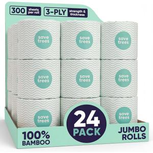 Save Trees Bamboo Toilet Paper -24 Rolls Of Septic Safe Organic Toilet Paper 3-ply, 300 Sheets Per Roll - PFAs Free, FSC Certified, Plastic & Chemical Free - For Home, Boat & RV Use
