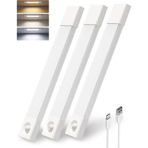 EZVALO Under Cabinet Lighting, Wireless Closet Lights, 50 LED Rechargeable Motion Sensor Light, Dimmable, 3 Color Temperatures, 11.8 inch Counter lights for Kitchen, Pantry, Bedroom, Wardrobe (3 Pack) (White)