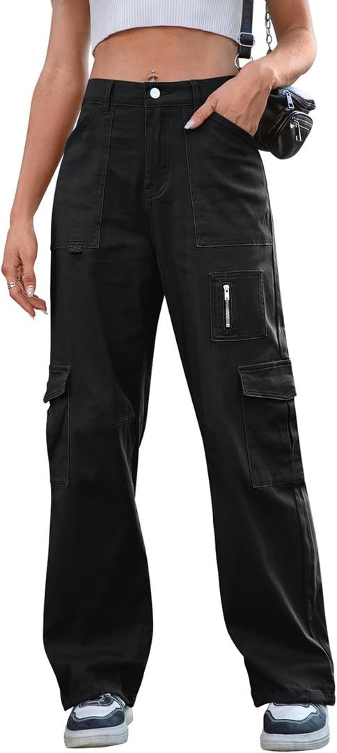 IVIR Cargo Pants Women High Waist Wide Leg Casual Pants with 7 Pockets Stretchy Drawstring Baggy Y2K Trousers (Black, S)