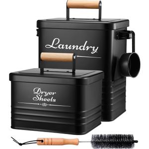 Farmhouse Metal Detergent Pod Container with Dryer Sheet Holder for Laundry Room Organization and Storage - Holds Over 200 Pods and 300 Sheets (Regular, Black)