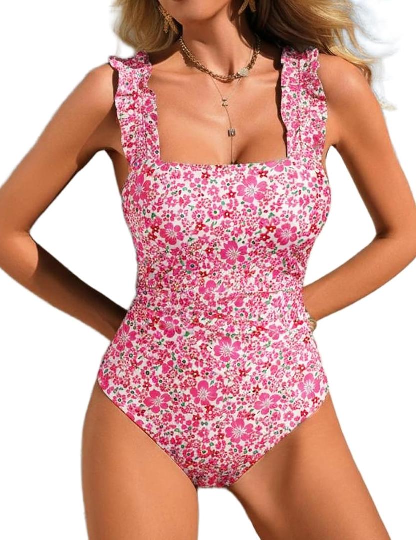 Ekouaer Women's One Piece Swimsuits Square Neck Tummy Control Bathing Suit with Adjustable Ruffled Straps Swimwear, A- Pink Floral, Large