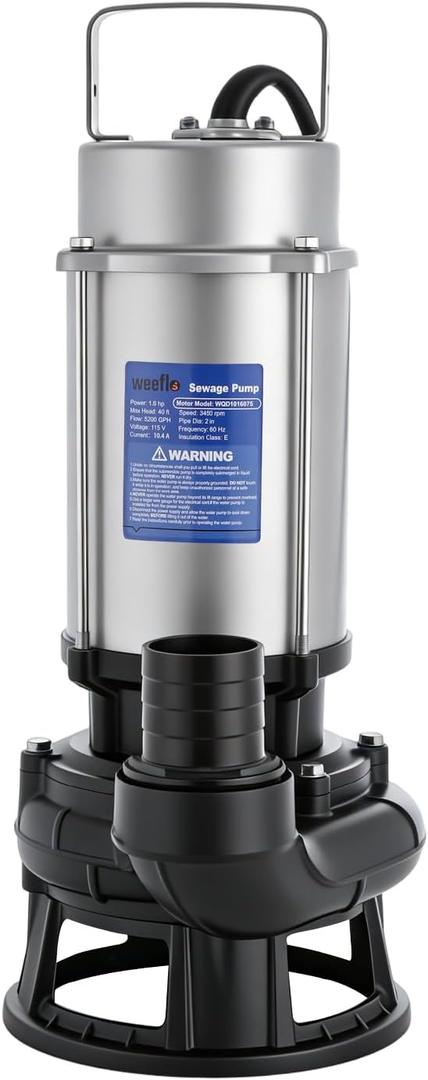 1.6HP 5200GPH Sewage Grinder Pump Stainless Steel Effluent Pump with Auto Float Switch for Basement Sump Basin and Sewage Well Pre-wired (16M) with a 3-Point Plug