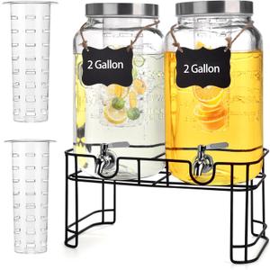 2 Gallon Glass Drink Dispenser Set of 2 - Drink Dispensers for Parties, Beverage Dispenser with Stand and 100% Leakproof Stainless Steel Spigot for Lemonade, Juice, Sangria, Iced Tea, and Cocktails