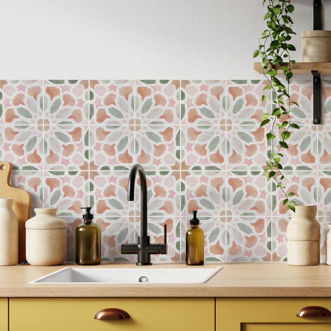 30 Pack, 4x4 Inch Pastel Boho Tile Stickers, Watercolor Peel and Stick Vinyl for Backsplash, Stairs & Furniture