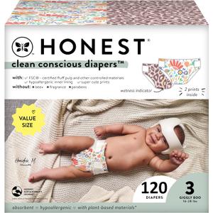 The Honest Company Clean Conscious Diapers for Sensitive Skin | Hypoallergenic, Fragrance Free | Girl Prints | Super Club Box, Size 3 (16-28 lbs), 120 Count (Size 3 (120 Count), Wild Thang + Flower Power)