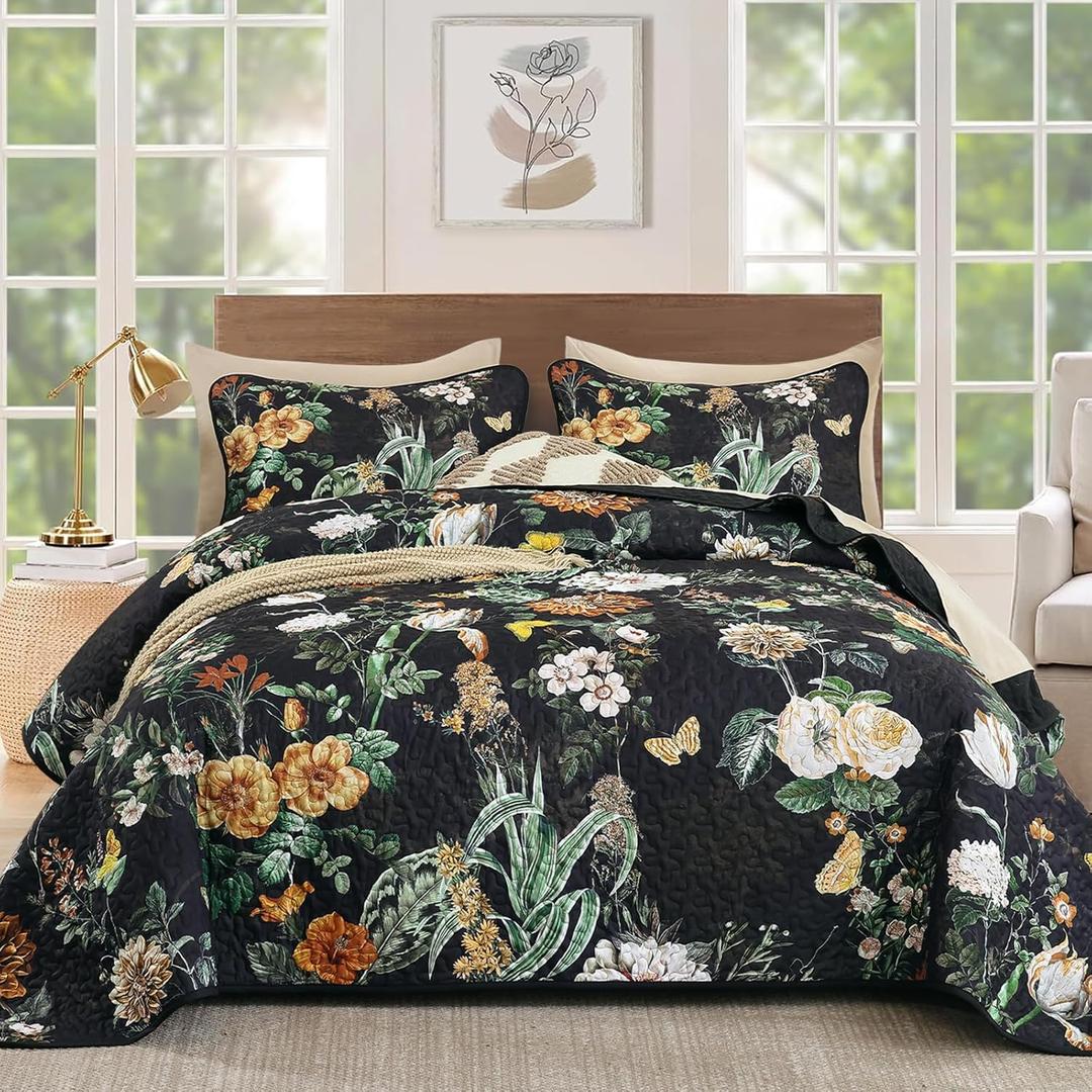 Anibedding Black Floral Quilt Queen Size 3 Pieces,Garden Style Bontanical Bedspread with Colorful Flowers,Soft Lightweight Reversible Coverlet Set for All Season(96"x90")