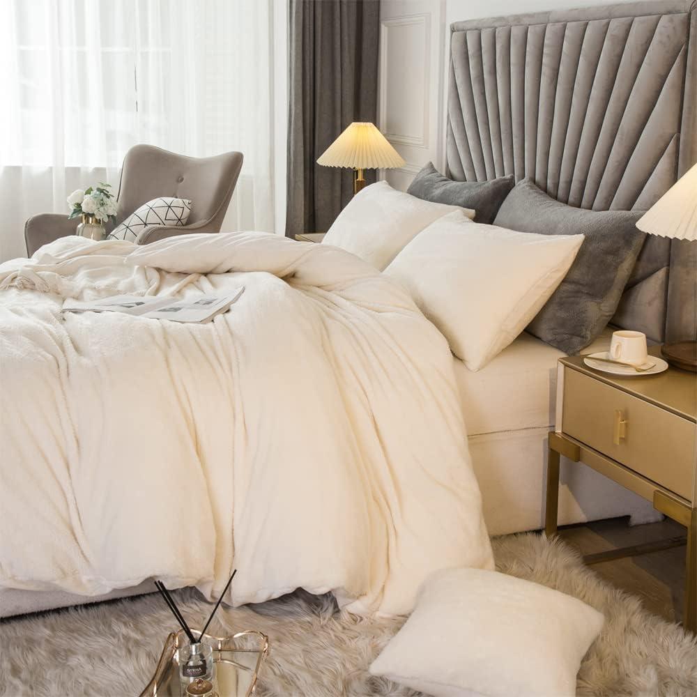 Velvet Plush Shaggy Duvet Cover Set,Luxury Ultra Soft Fluffy Duvet Cover Set,Winter Fuzzy Duvet Cover Set, (1 Faux Fur Duvet Cover +2 Faux Fur Pillow,King,Ivory White)