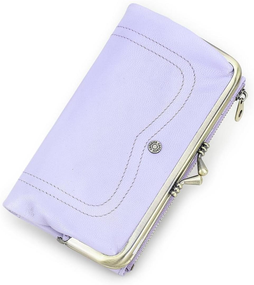 CONTACTS Full Grain Goat Leather Kiss Lock Wallet for Women Vintage Clutch Wallet with Rfid Blocking Zipper Coin Purse (Purple)