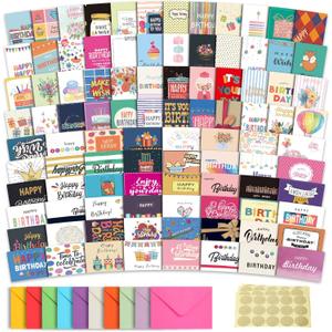 100 Unique Birthday Cards with Envelopes - Assorted Happy Birthday Cards, 4 x 6 inches, Envelopes & Stickers in Bulk Boxed Set