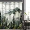 NBVKO 4Pcs Green Misty Forest Shower Curtain Set with 12 Hooks Non-Slip Rugs,Toilet Lid Cover and Bath Mat,Nature Tree Mountain Bathroom Decor for Hotel & Home Bathroom, 70.8" x 70.8"