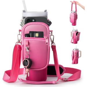 linmaya Water Bottle Carrier Bag for Stanley Cup 40/30oz with Phone Holder Pockets,Neoprene Water Bottle Cross-body Bag with Adjustable Shoulder & Hand Strap Stanley Cup Accessories (Fuchsia Pink)