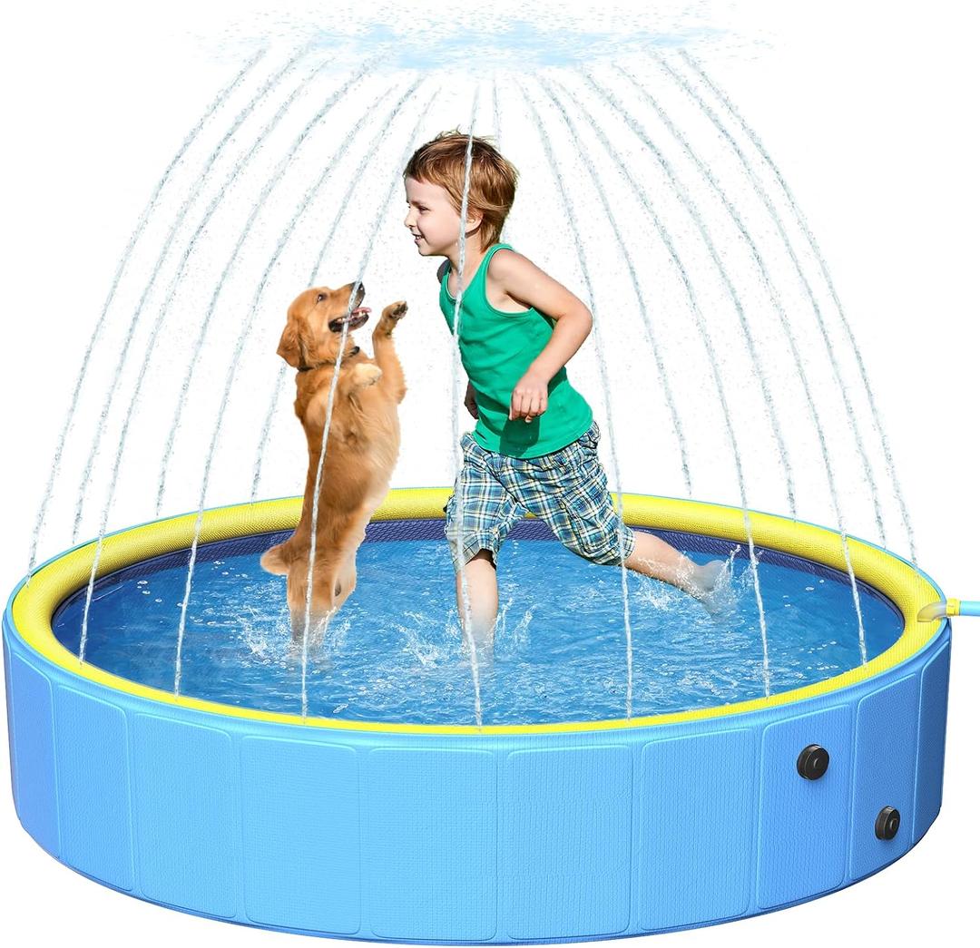 Sturdy 47in Hard Plastic Anti-Slip Dog Pool, 2-in-1 Foldable Portable Kiddie/Kids Pool with Sprinkler, Swimming Puppy Pools for Summer Outdoor Backyard Activities (Yellow)
