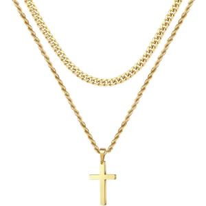 Ursteel Easter Gifts for Men Boys Kids - 18K Gold Plated Cross Necklaces Chain for Men Boys Gifts, Silver Rope Chain Layered Necklace Jewelry 16 18 20 22 24 Inch