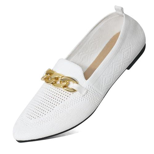 SMILIN Women's Casual Dressy Loafers, Comfortable Mesh Slip On Loafers, Breathable Lightweight Pointed Toe Flats Shoes for Fall, White, Size 8