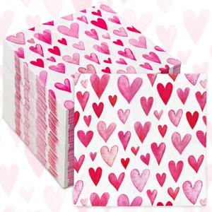 50 Pack Valentines Day Paper Napkins Pink Watercolor Heart Disposable Luncheon Dinner Napkins for Party Supplies Table Decor, 6.5 x 6.5 Inch