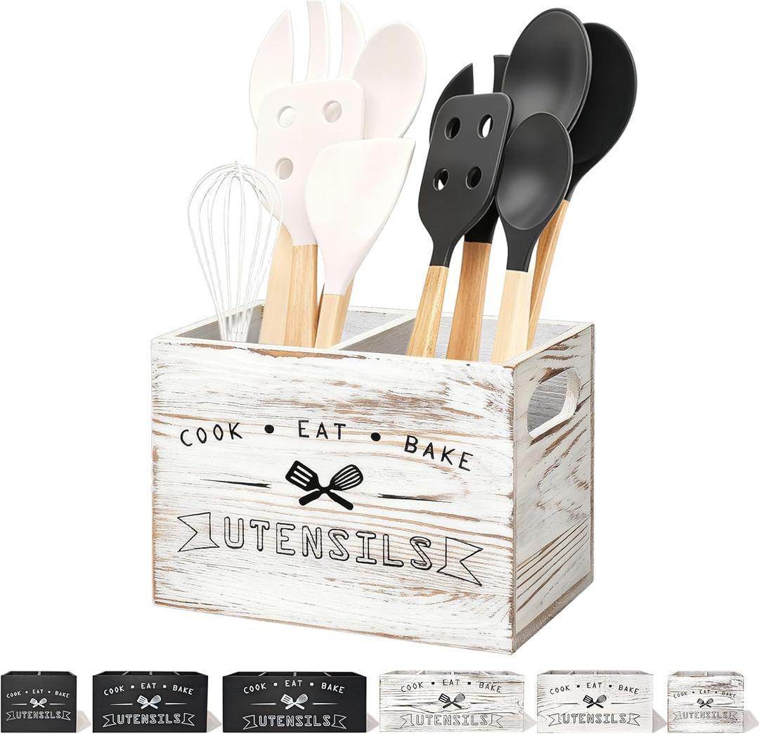 Retro White Wood Kitchen Utensil Holder - Small, Durable & Ideal for Kitchen Counter Decor Retro White 2 Compartment