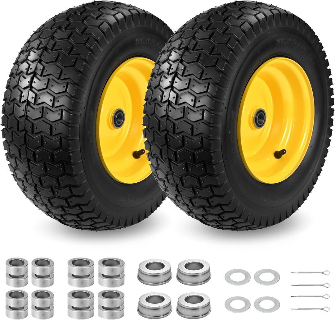 2 Pcs 16x6.50-8 Tubeless Lawn Mower Tire and Wheel, 16x6.5-8 Lawn Mower Tire, with 3/4" Bearing (extra 1" Bushing), 3-5" Offset Hub, 4-Ply Tubeless, 35 PSI, Fits Riding Mower & Lawn Tractors, 715 lbs
