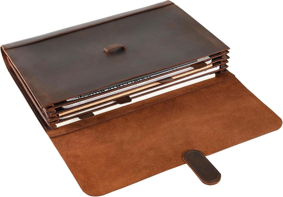 Genuine Leather File Folder, Accordian File Organizer, Leather Document Holder Resume Folio for Men & Women - Dark Brown (Non Custom)