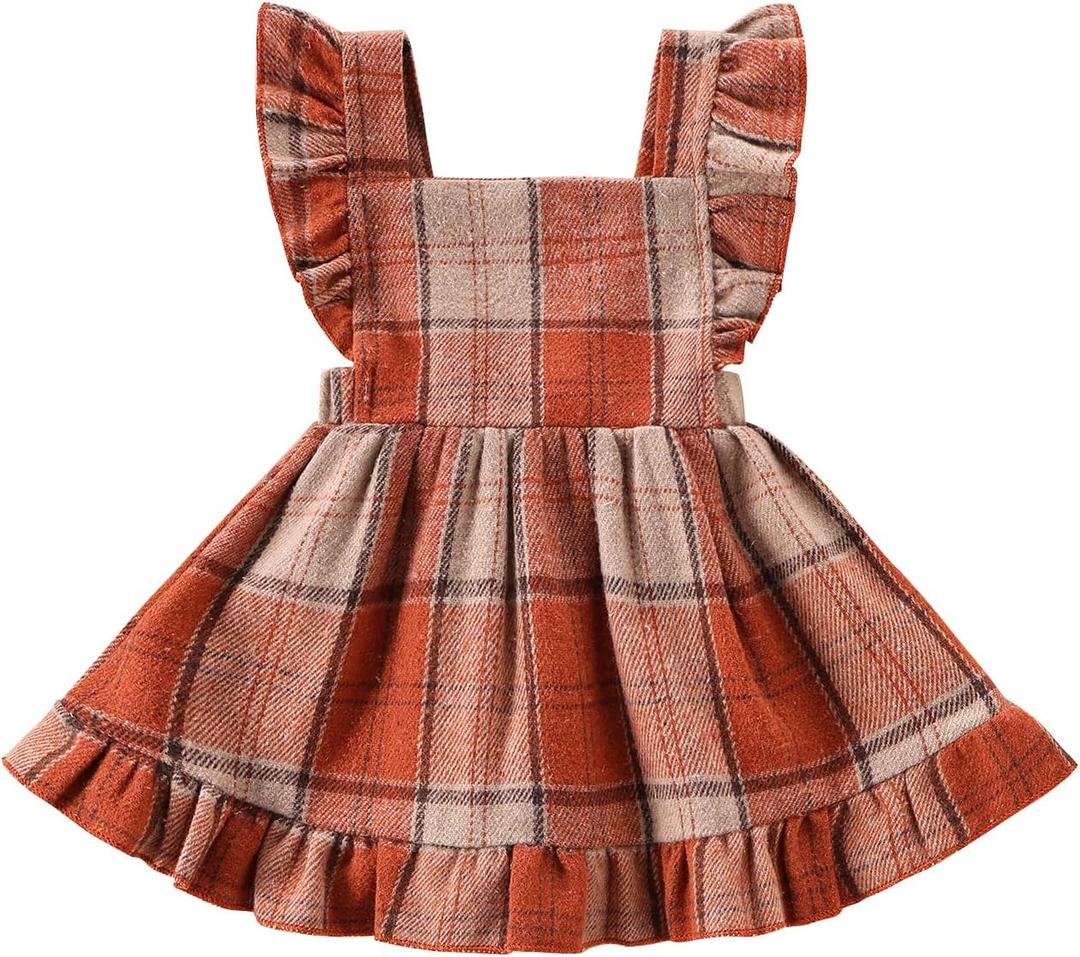 Baby Girls' Dresses Fly Sleeve Plaid Baby Dress Flannel Overall Skirt Dress Fall Winter Festival Outfits (18-24 Months, Orange)