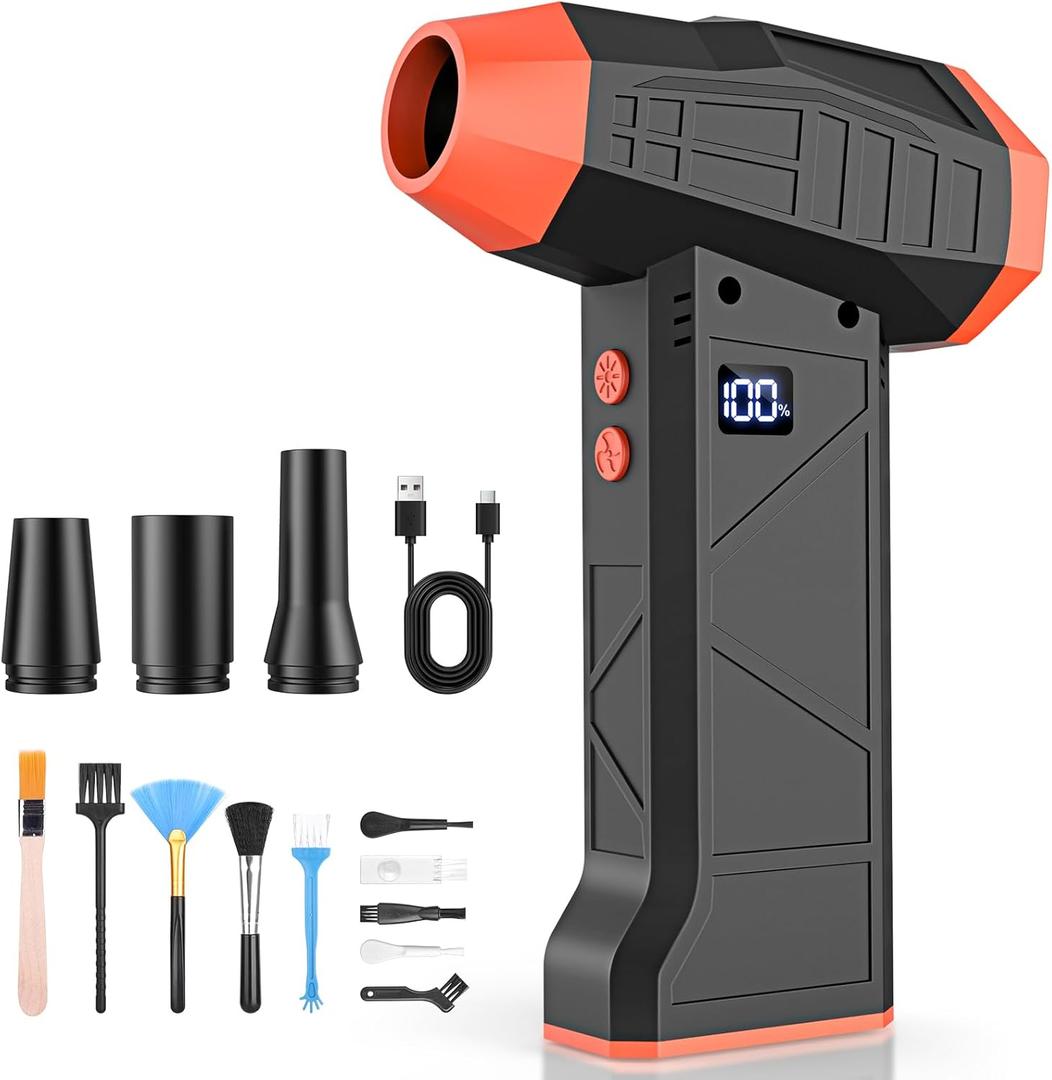 15-in-1 Electric Compressed Air Duster, 110000RPM Cordless Portable Air Blower Mini Powerful Jet Dry Blower 4 Adjustable Speeds Levels Rechargeable for Keyboard, PC, Car