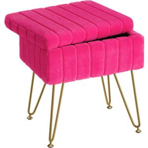 Greenstell Vanity Stool Chair Faux Fur with Storage, 15.7"L x 11.8"W x 19.4"H Soft Ottoman 4 Metal Legs with Anti-Slip Feet, Furry Padded Seat, Modern Multifunctional Chairs for Makeup, Bedroom, Rose