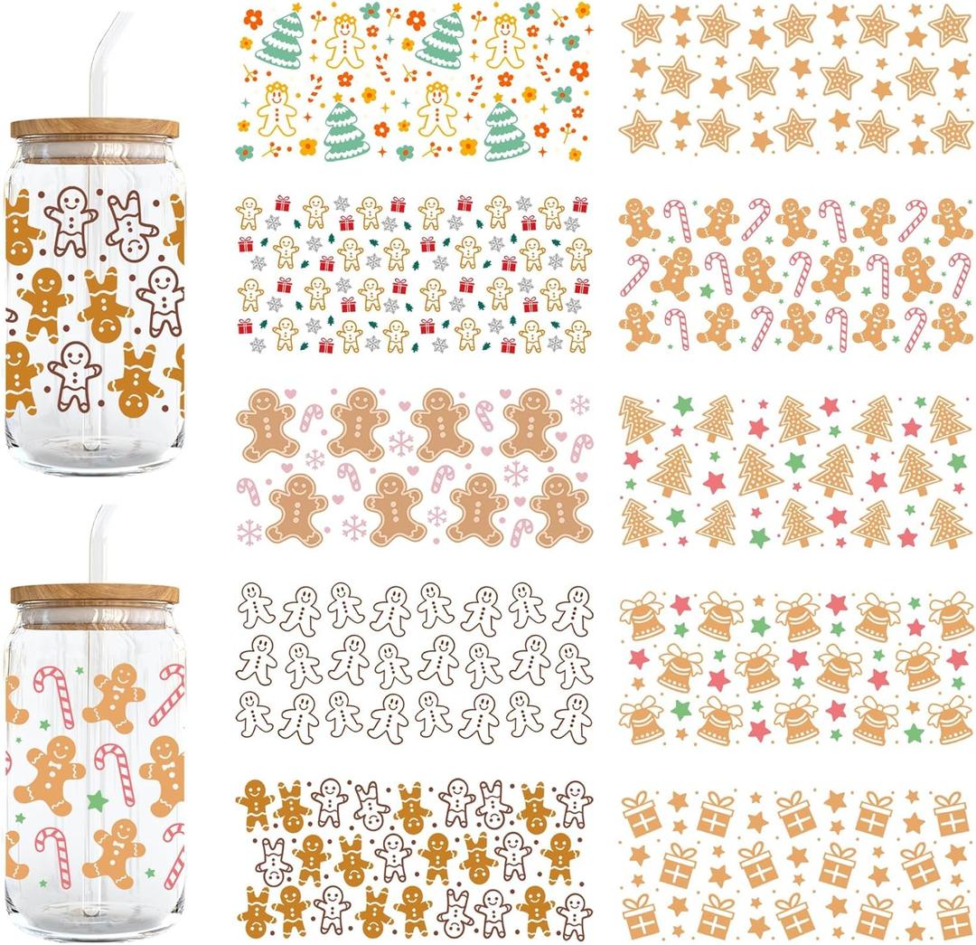 UV DTF Cup Wrap Transfer Stickers for Glass, 10 Sheets Christmas Themed Cup Transfer Stickers, Suitable for 16OZ Libbey Cups, Perfect for Crafting Cup Decals, Furniture Decor, Wood DIY Crafts Style 1