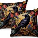 2 Pcs Abstract Vintage Floral Velvet Black Crow Throw Pillow Covers 18x18 Inch, Retro Art Decor Pillowcase Square Cushion Covers, Black Crow Decor Pillows for Couch Sofa Living Room Bedroom (Multicolor 1343)