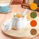 Ceramic Sugar Bowl with Lid and Spoon, Flower-Shaped Porcelain Salt Storage Jar, White Seasoning Container for Home and Kitchen, 9 Ounces