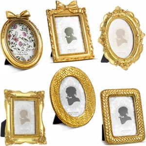Vicenpal 6 Pcs Tiny Picture Frame Small Picture Frames Oval Frames Gold Vintage Baroque Ornate Antique Frames Resin Oval Frame Table Display Frame for Home Wedding(Elegant Style)
