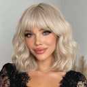 Blonde Wig with Bangs Short Blonde Bob Wigs for Women 14 Inch Platinum Blonde Curly Wig Wavy Synthetic Wigs Shoulder Length Natural Cosplay Wigs for Girl Daily Halloween Party Costume Wig