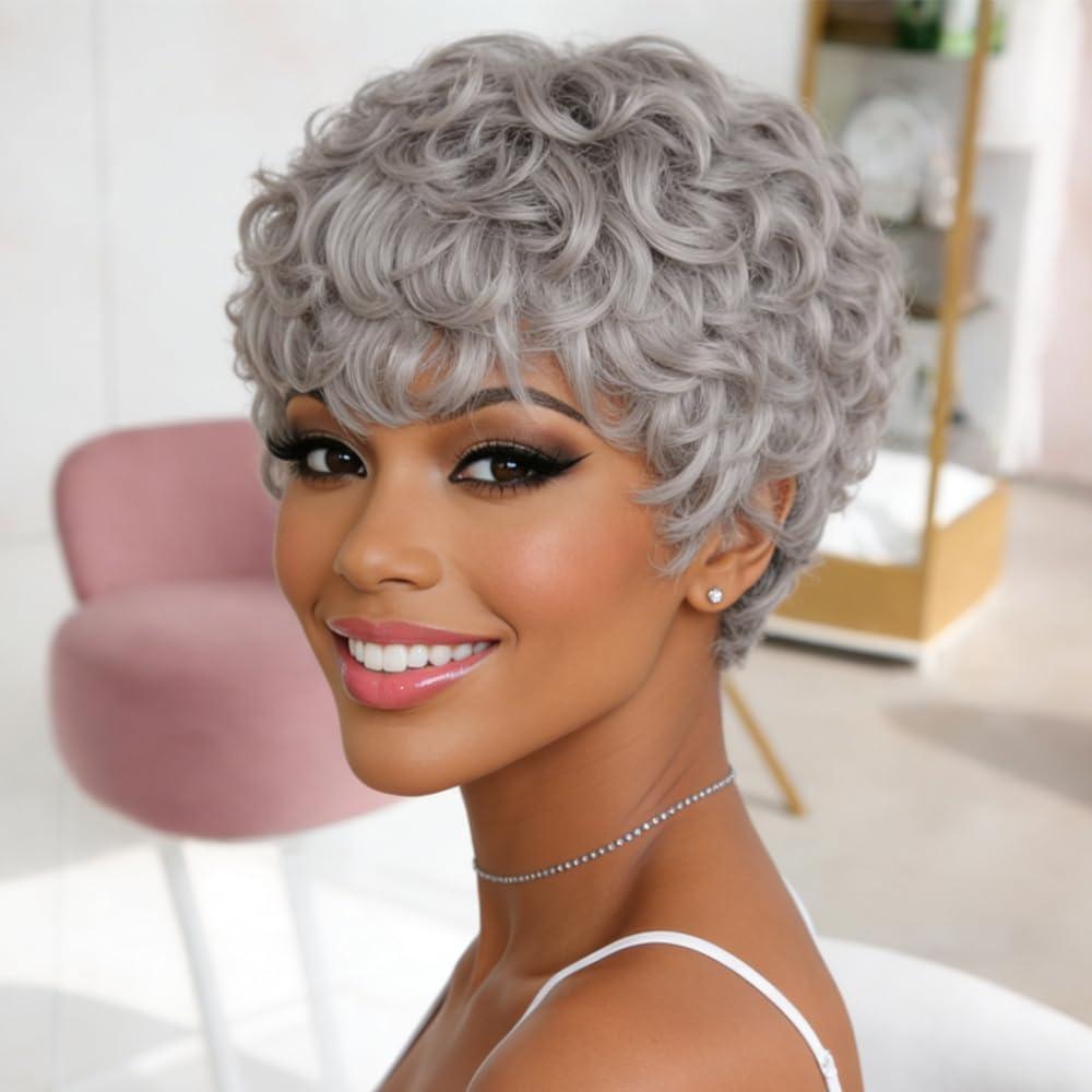 Besteffie Pixie Cut Wigs Human Hair for Black Women, Grey Short Curly Wave Pixie Cut Wig Brazilian Virgin 100% Human Hair Glueless Layered Pixie Curly Wigs With Bangs for Daily Use