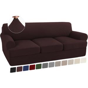 Turquoize 4 Piece T Cushion Sofa Slipcovers Stretch Couch Cover Furniture Covers with 3 Individual T Cushion Covers, Machine Washable (3 Cushion Sofa, Brown)