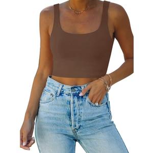 REORIA Womens Sexy Square Neck Double Lined Seamless Sleeveless Cropped Tank Yoga Crop Basic Tops, Size XL (Coffee)