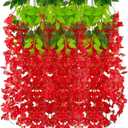 12 Pack Red Wisteria Hanging Flowers Garland, 3.77 Feet Artificial Flower Vines, Fake Wisteria, Artificial Vines Hanging Garland for Backdrop Outdoor Yard Garden Decor