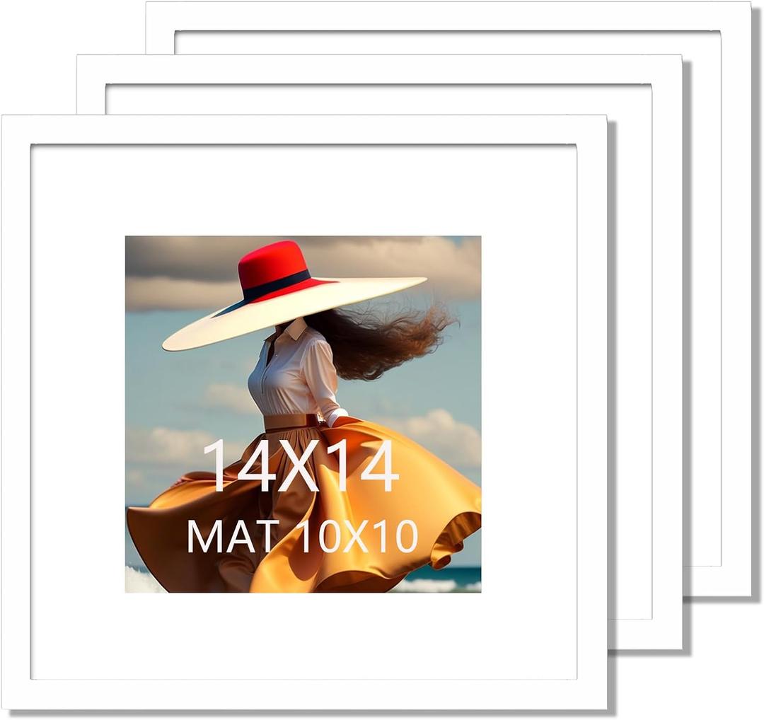 14x14 Picture Frame 3 Pack White Solid Wood for Mat 10x10 Wall Mounting Square Poster Frames