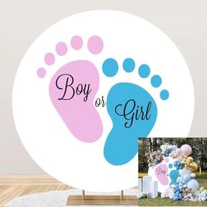 TTQYFNM 6.5x6.5ft Boy or Girl Gender Reveal Round Backdrop Cover Polyester Pink Blue Little Feet Circle Photography Background for Newborn Baby Shower Pregnancy Surprise Party Decor Photo Booth Props
