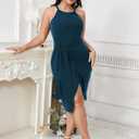 SCOMCHIC Women Plus Size Casual Sleeveless Striped Tank Midi Dress Halter Neck Bodycon Tie Waist T Shirt Summer Dresses (X-Large Plus, Solid Lake Blue)