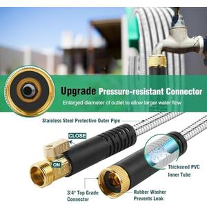 50Ft Metal Garden Hose durable stainless steel Water Hose, flexible, lightweight hose is resistant to kinks and tangles.With 10-way nozzle, strong 3/4 metal fittings, and a Stop Valve. (Silver)