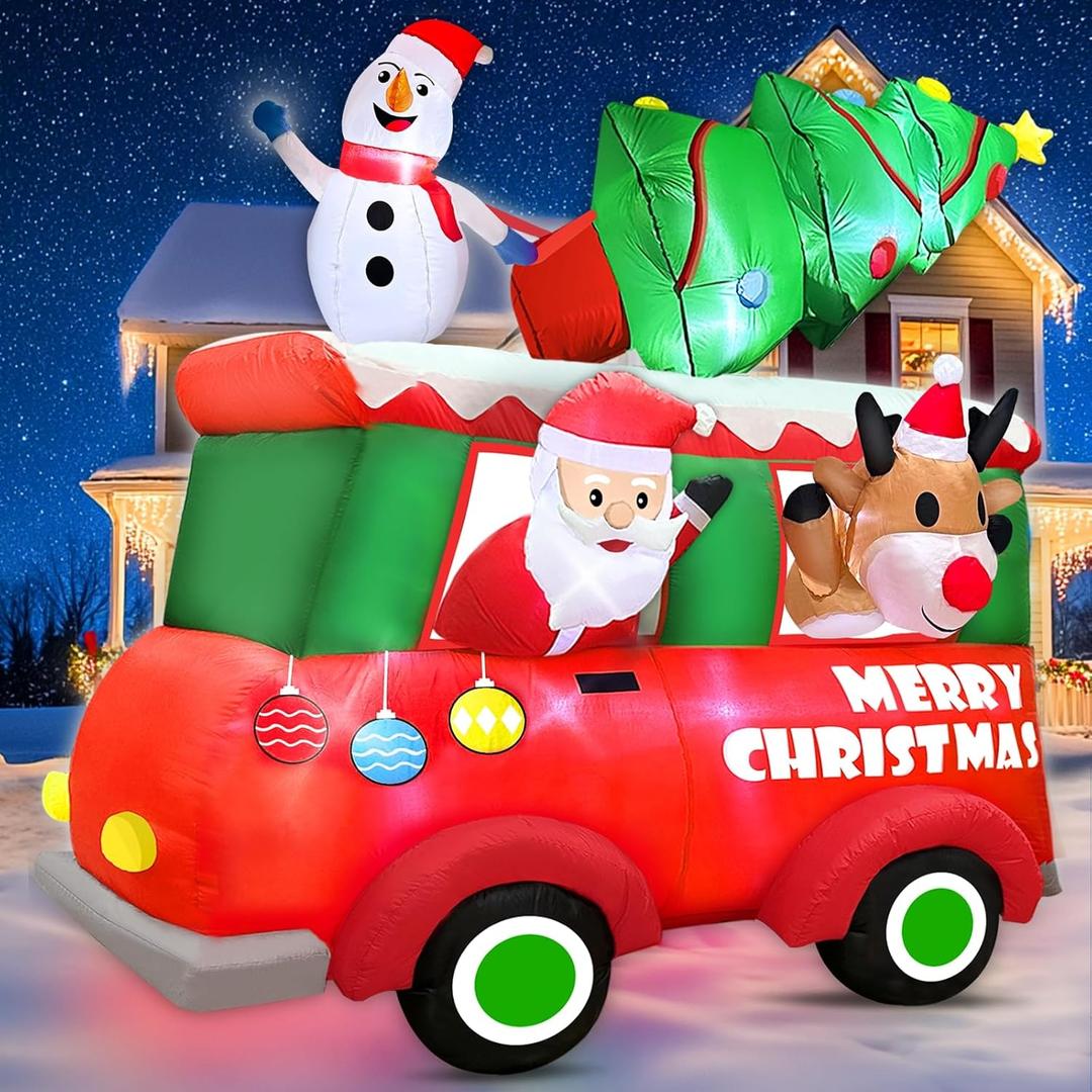 8 Ft Ht x 8 Ft L Giant Christmas Inflatables Outdoor Decorations, LED Lighted Santa Claus Inflatables Truck with Snowman and Reindeer, Christmas Tree Blow Up Yard for Holiday Outdoor Garden Lawn Decor