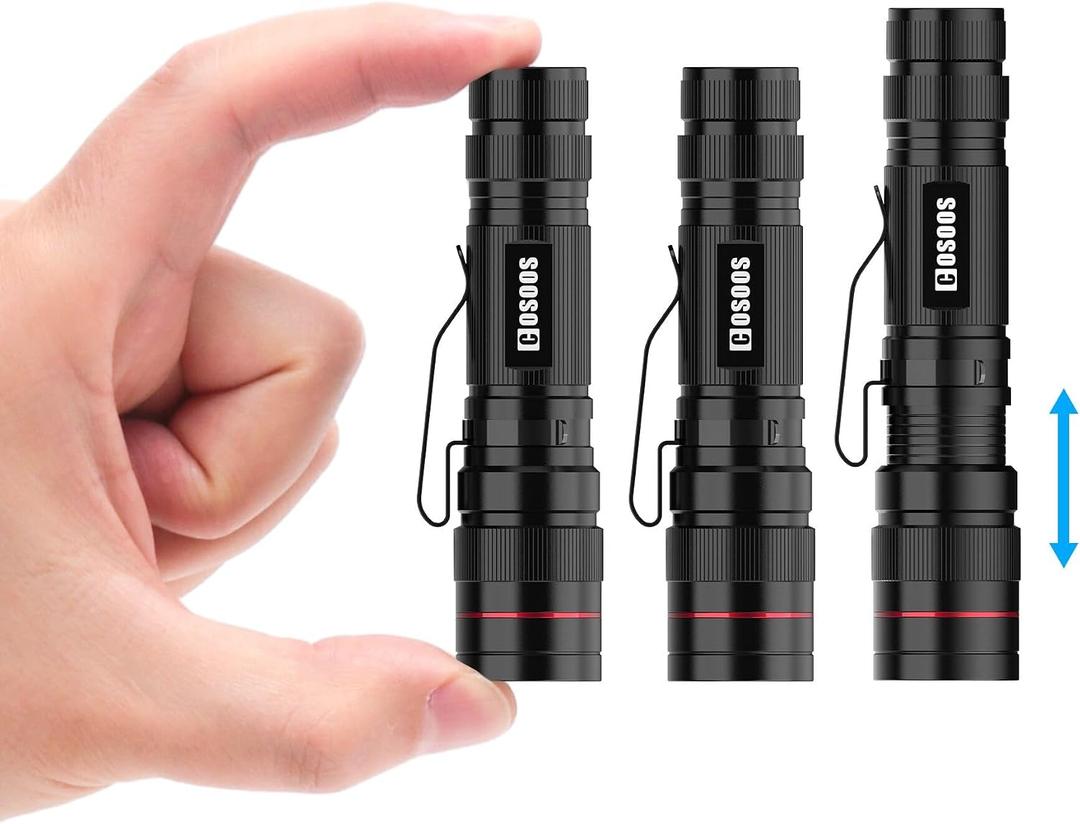 COSOOS 3 Mini LED Tactical Flashlights with Clip, 3.7inch Zoomable Bright AA Flashlight High Lumen, Pocket-Size Penlight, 1 Light Mode, Small Portable Waterproof Pen Flash Light for Camping