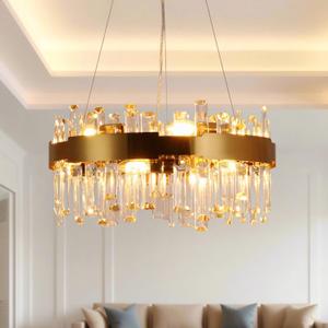 19.7 Inch Dimmable Modern Gold Crystal Chandelier, Luxury 2-Tier Round K9 Crystal Ceiling Light Fixture, 12-Light Adjustable Brass Chandelier for Dining Room Kitchen Island Living Room