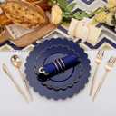 LIYH 210 Pcs Navy Blue Plates - Blue and Gold Plastic Scalloped Heavyduty Plates Disposable Dinnerware set, Gold Plastic Silverware for Wedding & Party 30 Guests