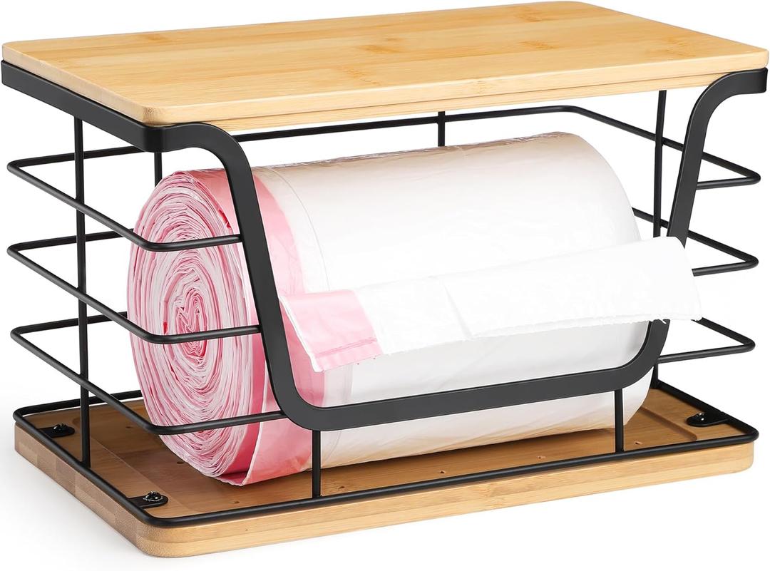 ALOCEO Large Wire Basket for Kitchen Pantry, Stainless Steel Kitchen Counter Organizer for Potato Onion, Trash Bag Dispenser Under Sink with Bamboo Top, Black (1-Pack - XL Bamboo Bottom Black)