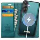 Wallet Case for Samsung Galaxy S25 Compatible with Magsafe, 2-in-1 PU Leather Flip RFID Blocking Card Holder Stand Shockproof Magnetic Detachable Cover for Galaxy S25 Case 6.2", Bluegreen