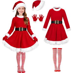 Kids Girls Santa Dress - Mrs Claus Costume Christmas Outfit with Belt Socks Hat Gloves (11-13 Years)