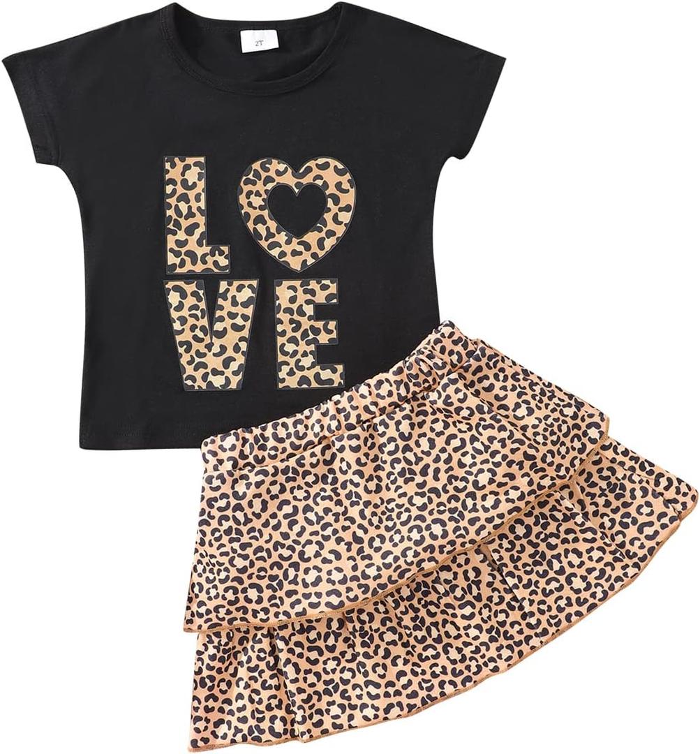 Akyzic Little Girl Skirt Outfit Two Piece Spring Summer Outfit Butterfly Dress Cat Print Skirt Toddler Girl Outfit Set (2-3T, Letter-279)