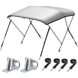 KAKIT 3 Bow Bimini Top for Boats, Marine Grade Canvas Top Heavy Duty Oxford Boat Canopy Adjustable 4 Straps Zippered Storage Boot Metal Base (3 Bow 6'L x 46" H x 61"-66" W,Gray)
