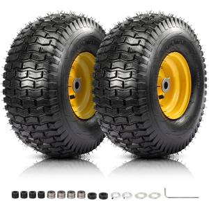 2PCS 15x6.00-6 Tire and Wheel Assembly, 4 Ply Tubeless 15x6-6 Front Tire Assembly Replacement for Craftsman John Deere Cub Cadet Riding Mowers, 500lbs Capacity, 3" Offset Hub, 3/4" Bushing (Yellow)