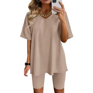 AGSEEM Two Piece Outfits For Women Summer V Neck T-Shirt Tops Biker Shorts Workout Sports Tracksuit (XX-Large, Khaki)